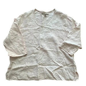 FLAX x Womens 100% Linen Blouse Quarter Sleeve Flowy Coastal SZ L Quiet Luxury
